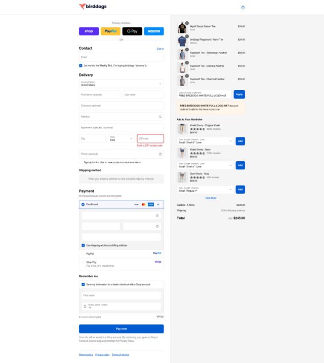 Birddogs checkout page showing Birddogs discount code box | Screenshot taken by SimplyCodes community member on Sep 11, 2025