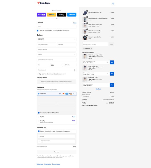Birddogs checkout page showing Birddogs discount code box | Screenshot taken by SimplyCodes community member on Aug 18, 2025