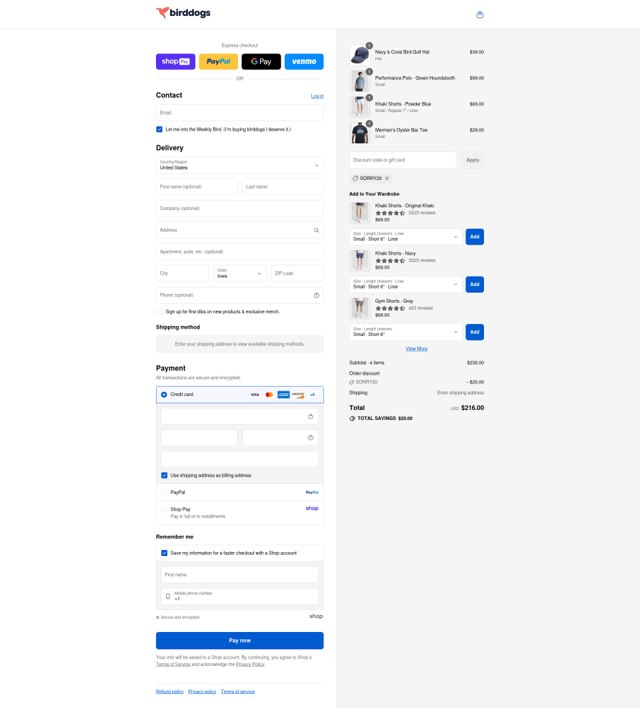 Birddogs checkout page showing Birddogs discount code box | Screenshot taken by SimplyCodes community member on Aug 25, 2025
