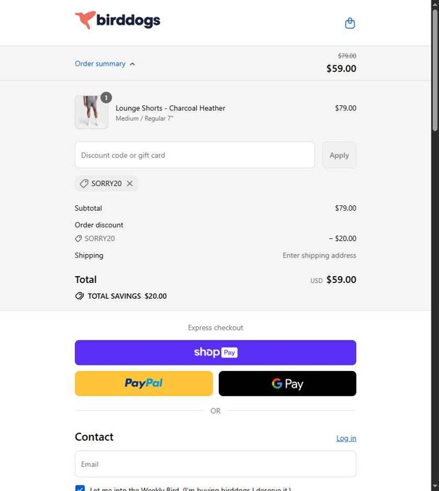 Birddogs checkout page showing Birddogs discount code box | Screenshot taken by SimplyCodes community member on Aug 27, 2025