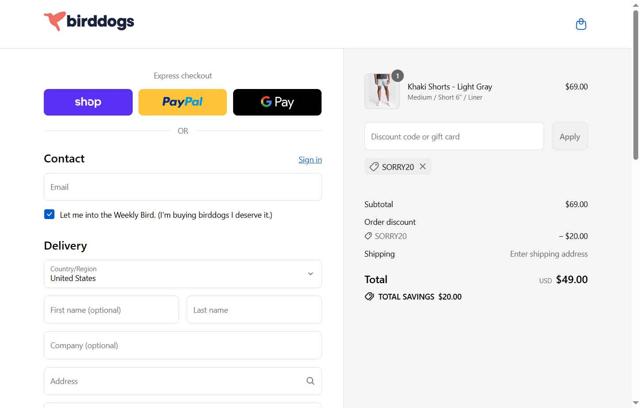 Birddogs checkout page showing Birddogs discount code box | Screenshot taken by SimplyCodes community member on Sep 13, 2025