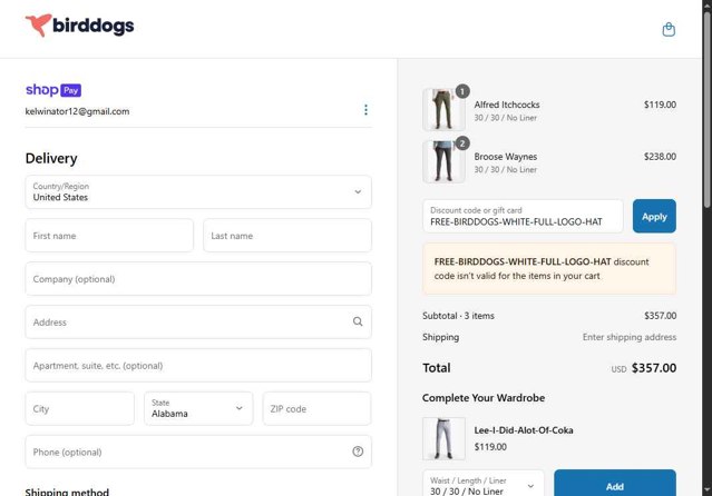 Birddogs checkout page showing Birddogs discount code box | Screenshot taken by SimplyCodes community member on May 28, 2025