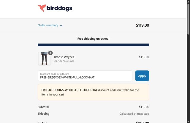 Birddogs checkout page showing Birddogs discount code box | Screenshot taken by SimplyCodes community member on May 28, 2025