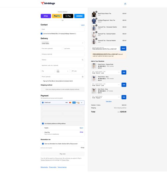 Birddogs checkout page showing Birddogs discount code box | Screenshot taken by SimplyCodes community member on Sep 4, 2025