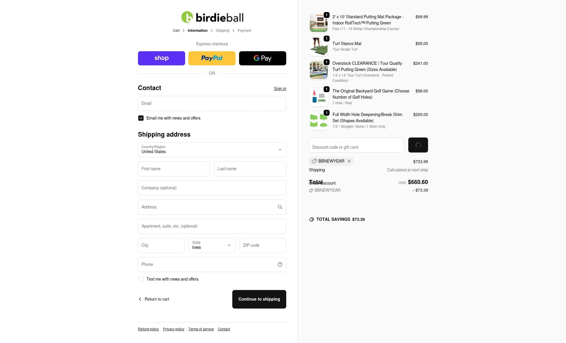 Birdie Ball checkout page showing Birdie Ball discount code box | Screenshot taken by SimplyCodes community member on Feb 14, 2026
