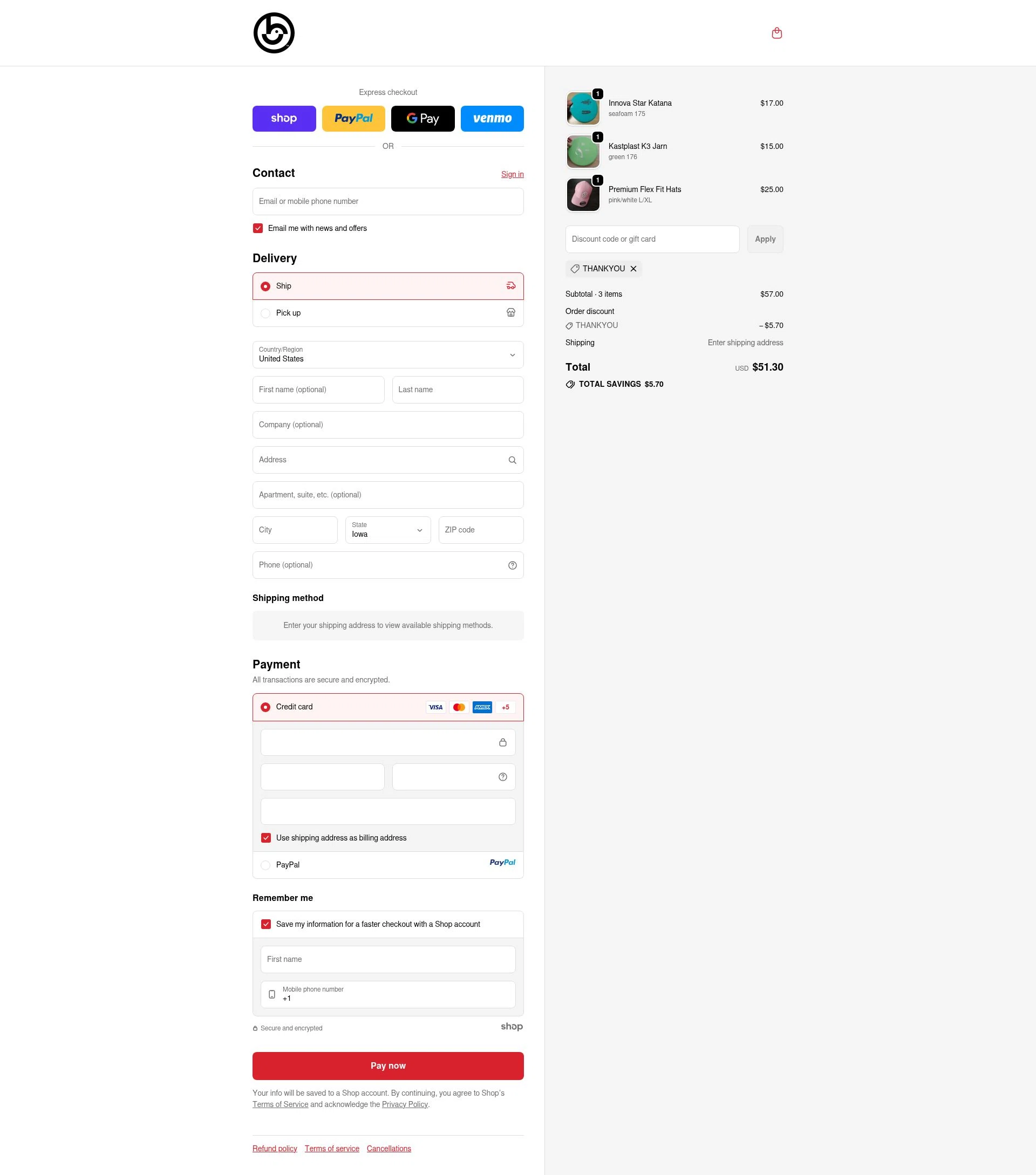 Birdie Disc Golf Supply Co. checkout page showing Birdie Disc Golf Supply Co. promo code box | Screenshot taken by SimplyCodes community member on Sep 17, 2025
