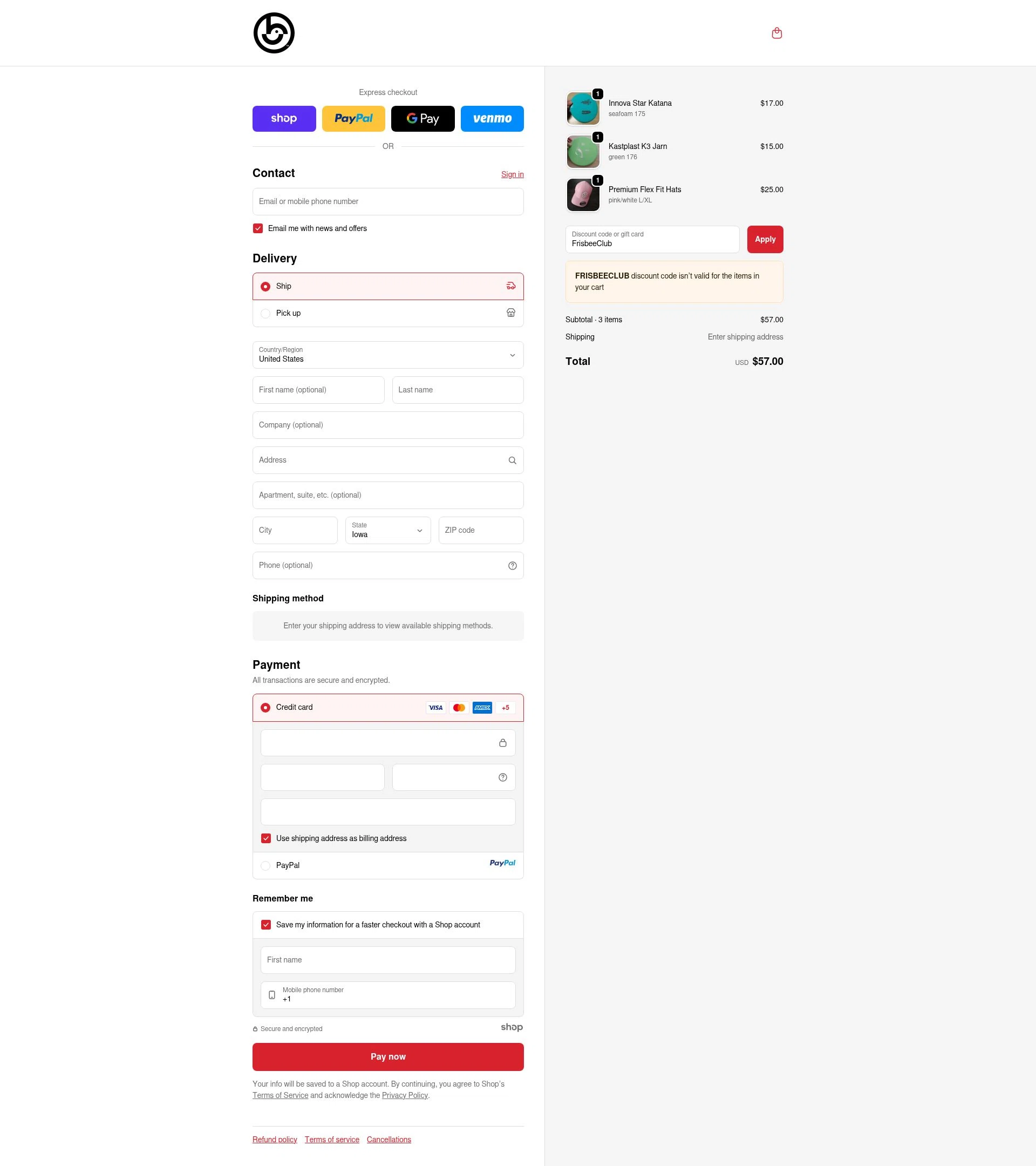 Birdie Disc Golf Supply Co. checkout page showing Birdie Disc Golf Supply Co. promo code box | Screenshot taken by SimplyCodes community member on Sep 22, 2025