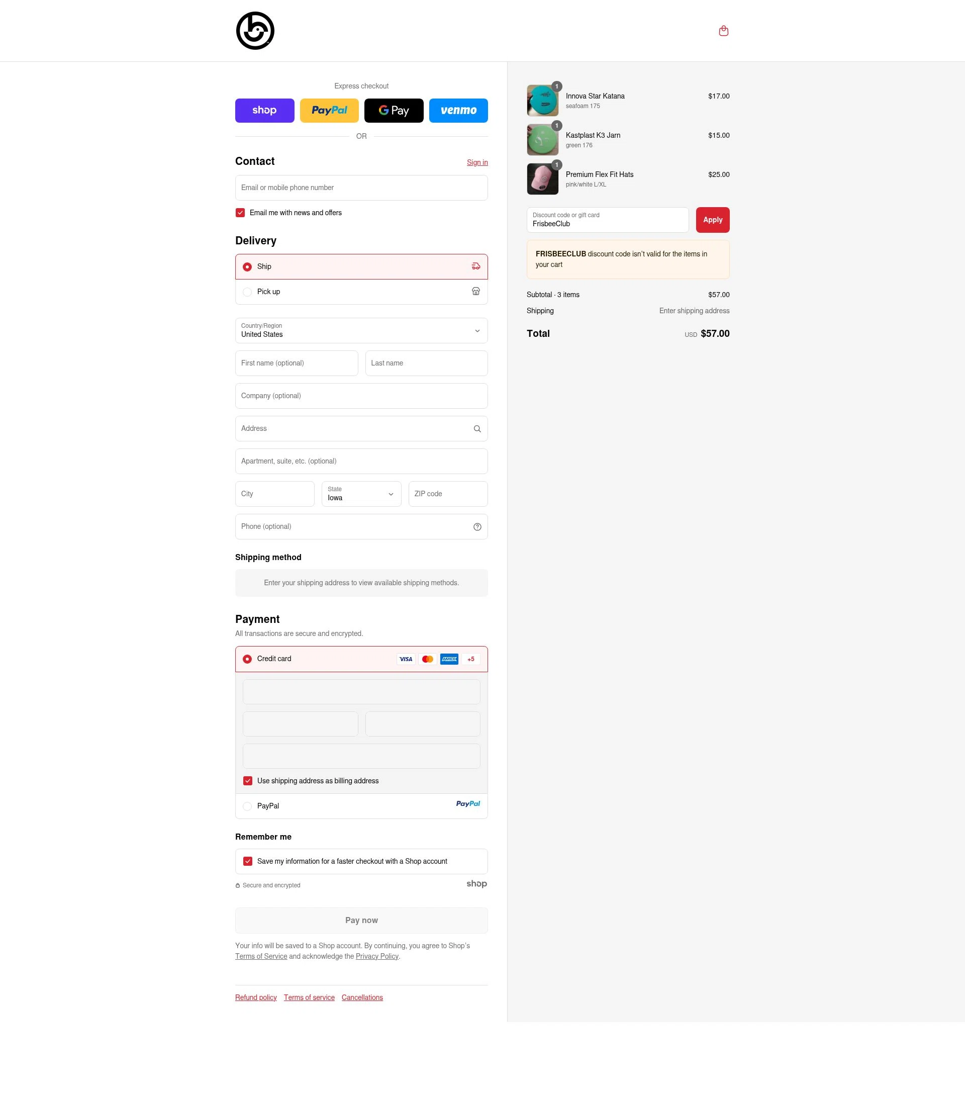 Birdie Disc Golf Supply Co. checkout page showing Birdie Disc Golf Supply Co. promo code box | Screenshot taken by SimplyCodes community member on Sep 13, 2025