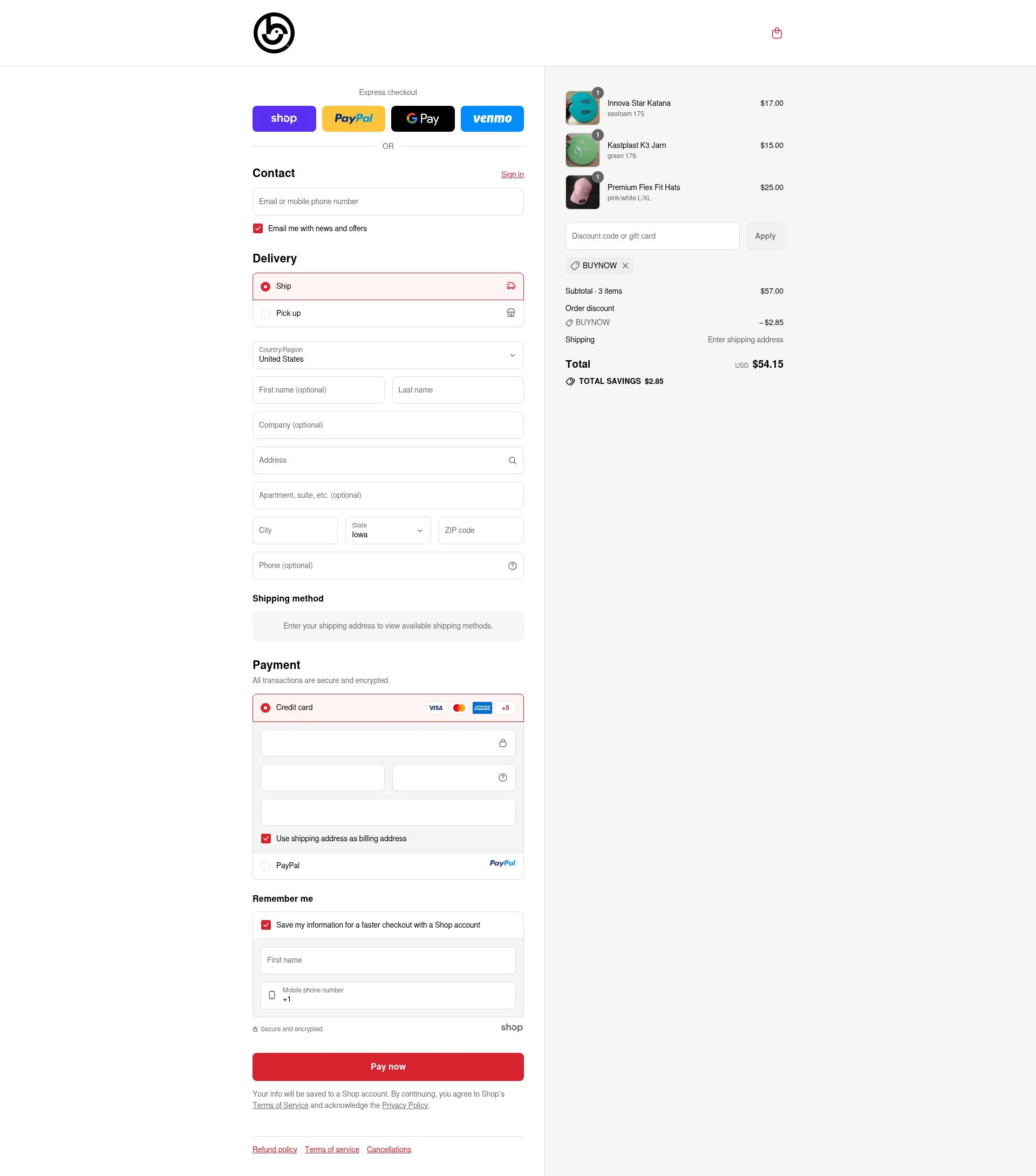 Birdie Disc Golf Supply Co. checkout page showing Birdie Disc Golf Supply Co. promo code box | Screenshot taken by SimplyCodes community member on Sep 13, 2025