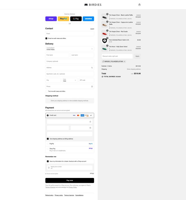 Birdies Slippers checkout page showing Birdies Slippers promo code box | Screenshot taken by SimplyCodes community member on Aug 28, 2025