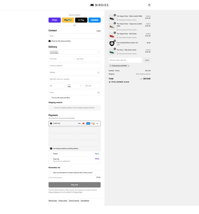 Birdies Slippers checkout page showing Birdies Slippers promo code box | Screenshot taken by SimplyCodes community member on Aug 28, 2025