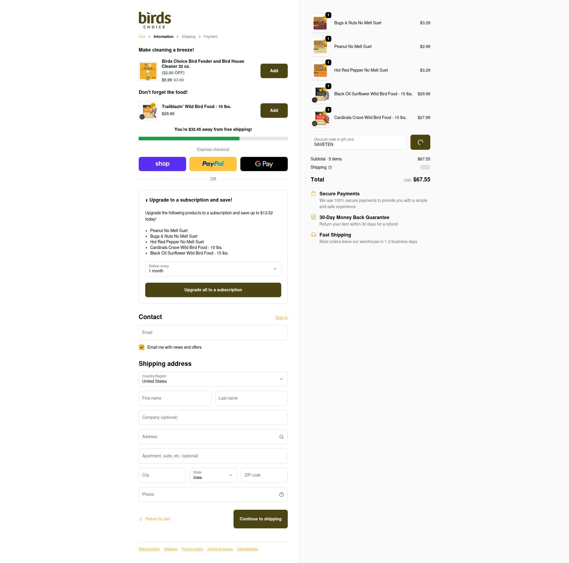 Birds Choice checkout page showing Birds Choice discount code box | Screenshot taken by SimplyCodes community member on Feb 4, 2026