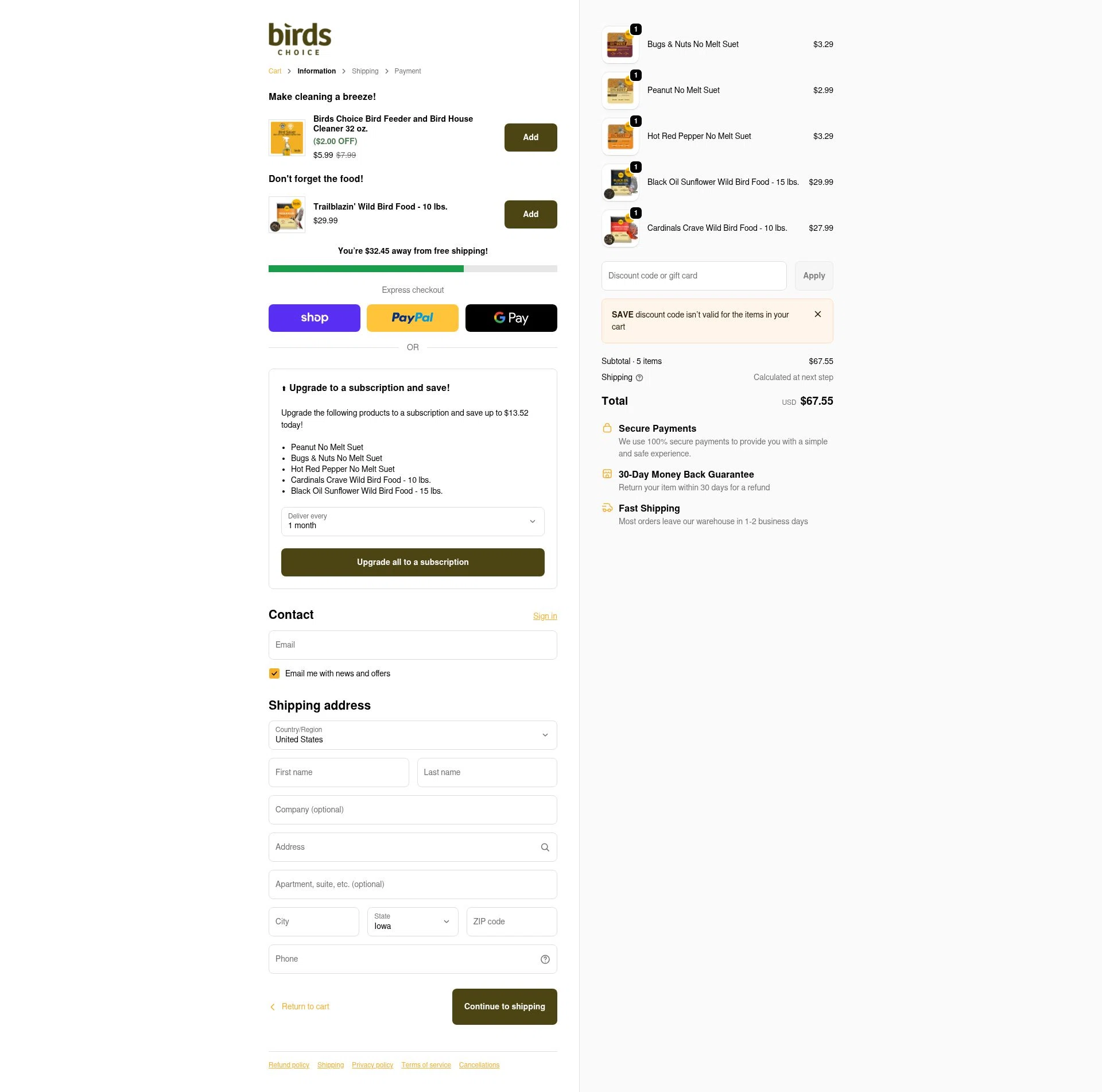 Birds Choice checkout page showing Birds Choice discount code box | Screenshot taken by SimplyCodes community member on Feb 4, 2026