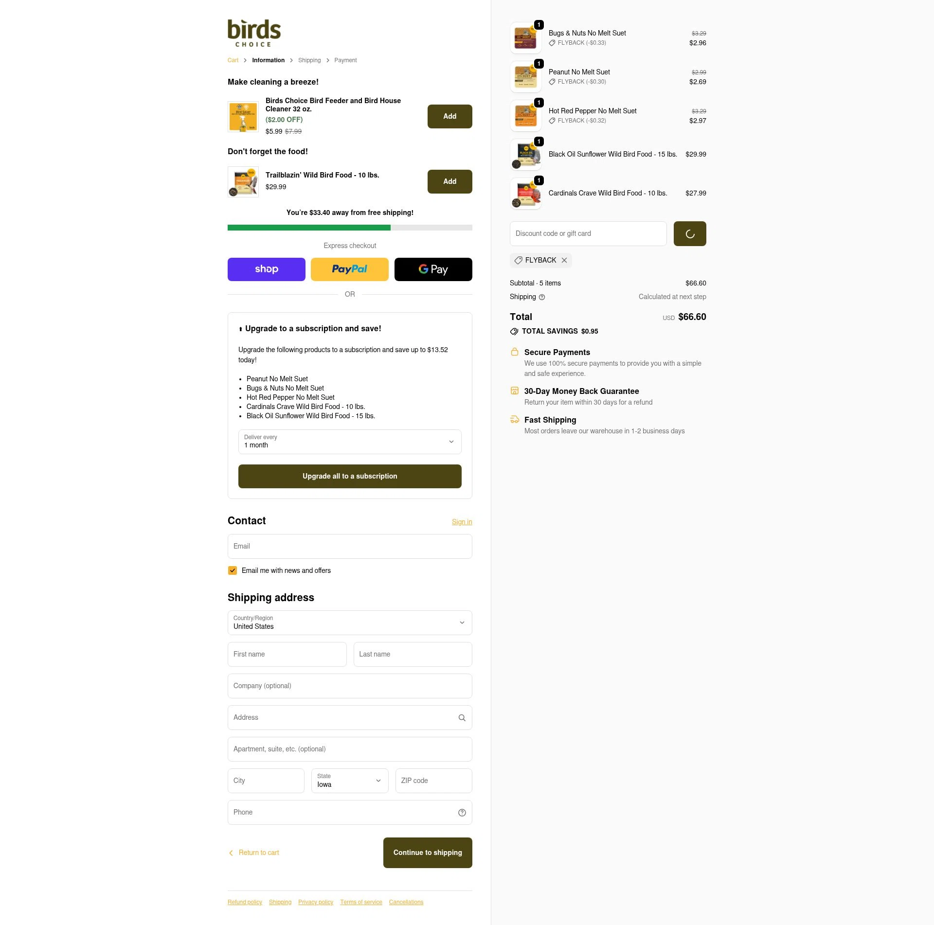 Birds Choice checkout page showing Birds Choice discount code box | Screenshot taken by SimplyCodes community member on Feb 4, 2026