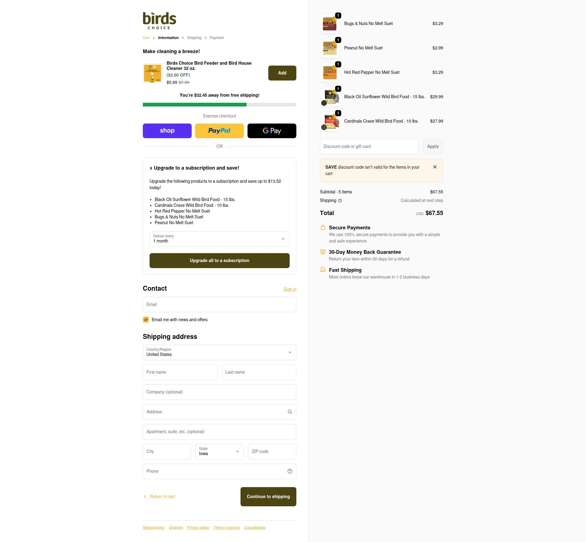 Birds Choice checkout page showing Birds Choice discount code box | Screenshot taken by SimplyCodes community member on Jan 31, 2026