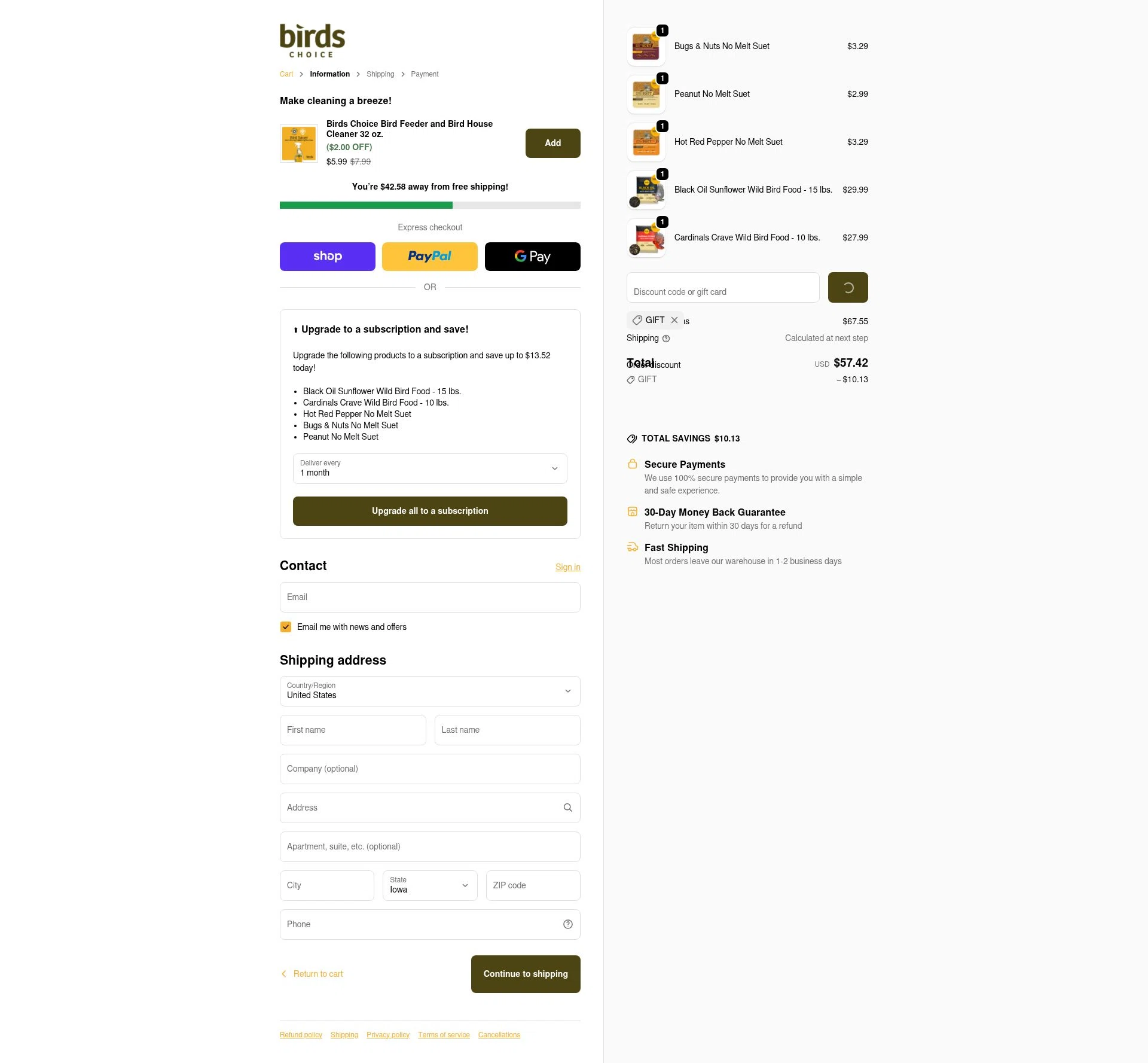 Birds Choice checkout page showing Birds Choice discount code box | Screenshot taken by SimplyCodes community member on Jan 31, 2026