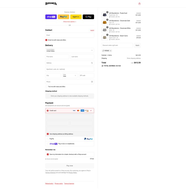 Birdwell Beach Britches checkout page showing Birdwell Beach Britches promo code box | Screenshot taken by SimplyCodes community member on Jul 10, 2025