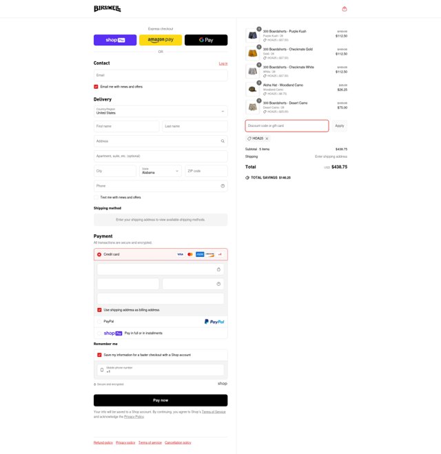 Birdwell Beach Britches checkout page showing Birdwell Beach Britches promo code box | Screenshot taken by SimplyCodes community member on Jun 16, 2025