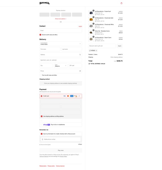 Birdwell Beach Britches checkout page showing Birdwell Beach Britches promo code box | Screenshot taken by SimplyCodes community member on Jul 3, 2025