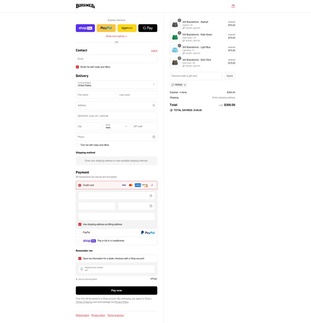 Birdwell Beach Britches checkout page showing Birdwell Beach Britches promo code box | Screenshot taken by SimplyCodes community member on Jul 25, 2025
