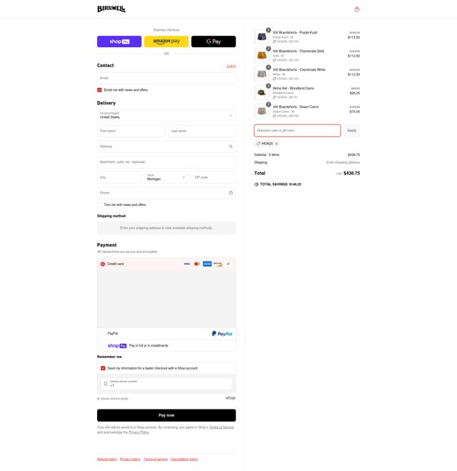 Birdwell Beach Britches checkout page showing Birdwell Beach Britches promo code box | Screenshot taken by SimplyCodes community member on Jun 19, 2025