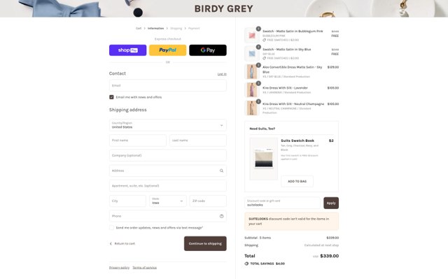 Birdy Grey checkout page showing Birdy Grey discount code box | Screenshot taken by SimplyCodes community member on Aug 25, 2025