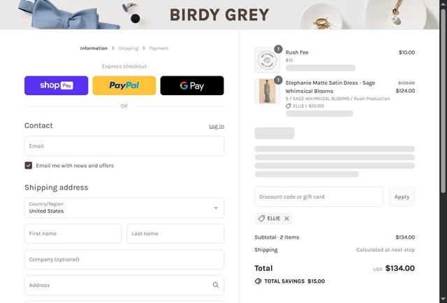 Birdy Grey checkout page showing Birdy Grey discount code box | Screenshot taken by SimplyCodes community member on Aug 27, 2025