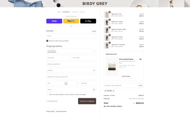 Birdy Grey checkout page showing Birdy Grey discount code box | Screenshot taken by SimplyCodes community member on Aug 29, 2025