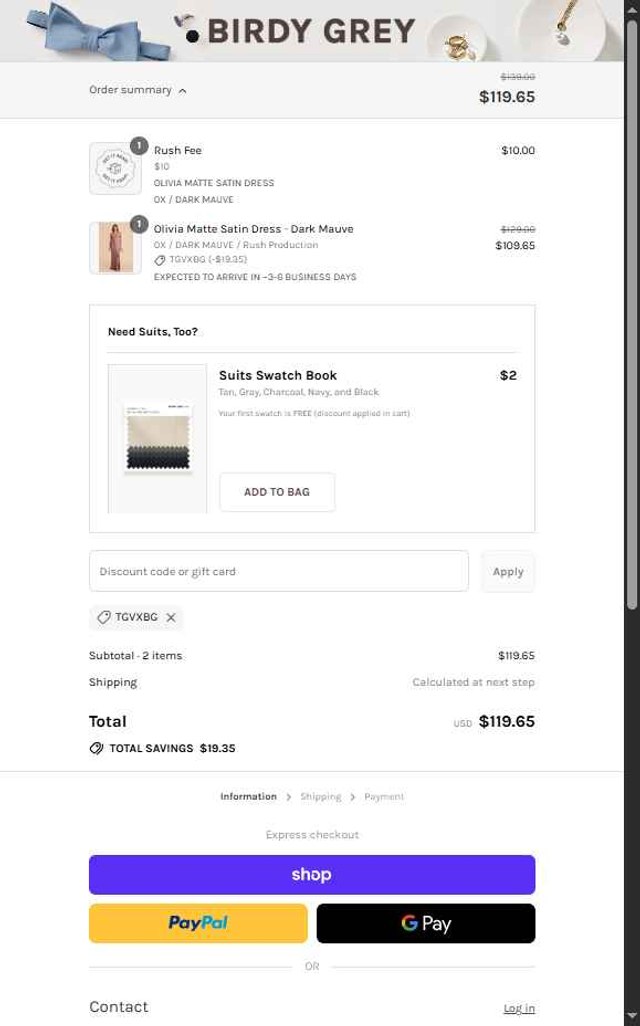 Birdy Grey checkout page showing Birdy Grey discount code box | Screenshot taken by SimplyCodes community member on Aug 28, 2025