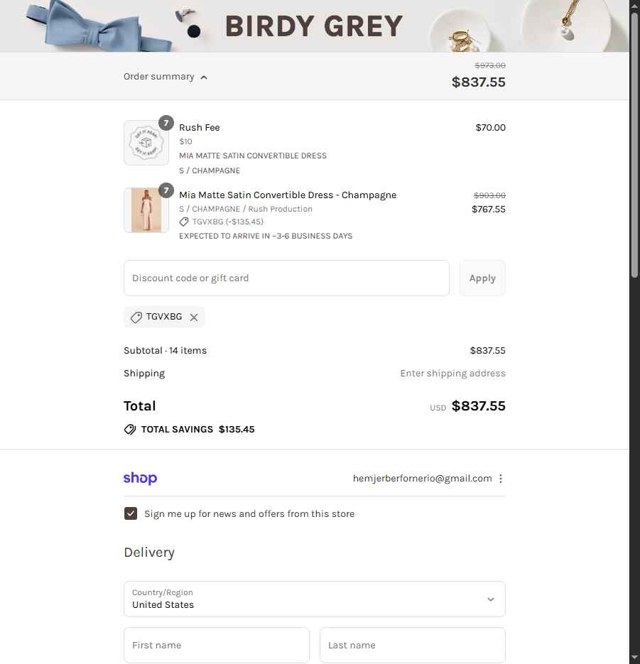 Birdy Grey checkout page showing Birdy Grey discount code box | Screenshot taken by SimplyCodes community member on Aug 29, 2025