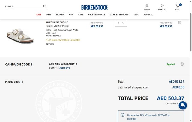 Birkenstock checkout page showing Birkenstock promo code box | Screenshot taken by SimplyCodes community member on Jul 24, 2025