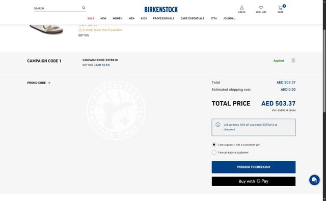 Birkenstock checkout page showing Birkenstock promo code box | Screenshot taken by SimplyCodes community member on Jul 16, 2025