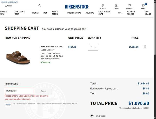 Birkenstock checkout page showing Birkenstock promo code box | Screenshot taken by SimplyCodes community member on Sep 15, 2025