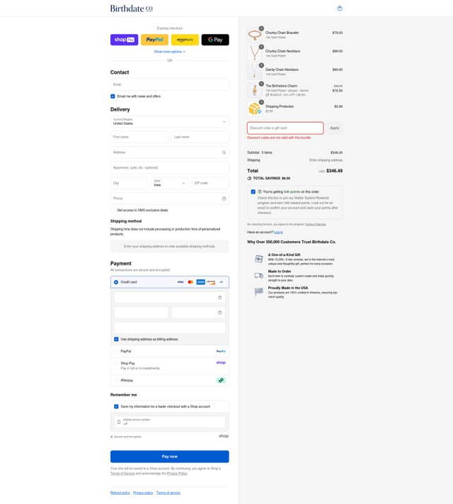 Birthdate Co. checkout page showing Birthdate Co. coupon code box | Screenshot taken by SimplyCodes community member on Aug 22, 2025