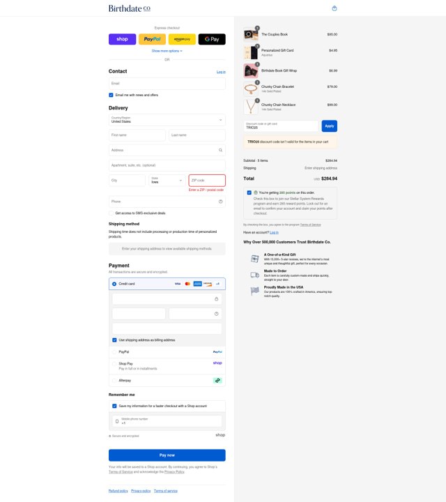 Birthdate Co. checkout page showing Birthdate Co. coupon code box | Screenshot taken by SimplyCodes community member on Aug 30, 2025