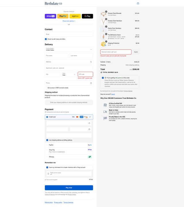 Birthdate Co. checkout page showing Birthdate Co. coupon code box | Screenshot taken by SimplyCodes community member on Aug 16, 2025