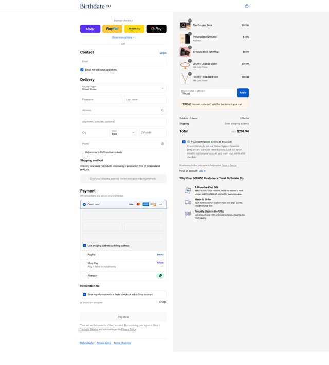 Birthdate Co. checkout page showing Birthdate Co. coupon code box | Screenshot taken by SimplyCodes community member on Sep 7, 2025