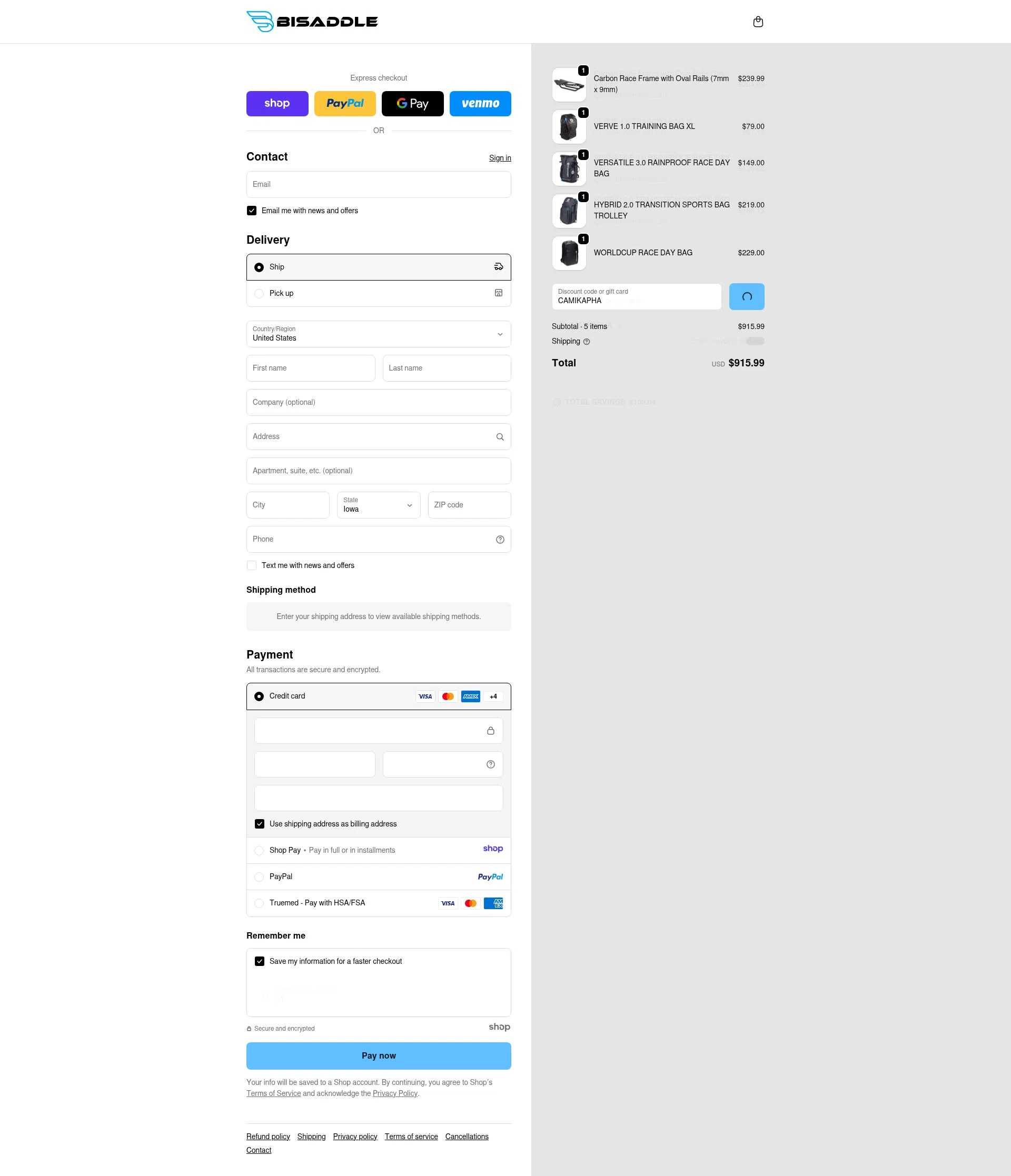 BiSaddle checkout page showing BiSaddle discount code box | Screenshot taken by SimplyCodes community member on Jan 3, 2026