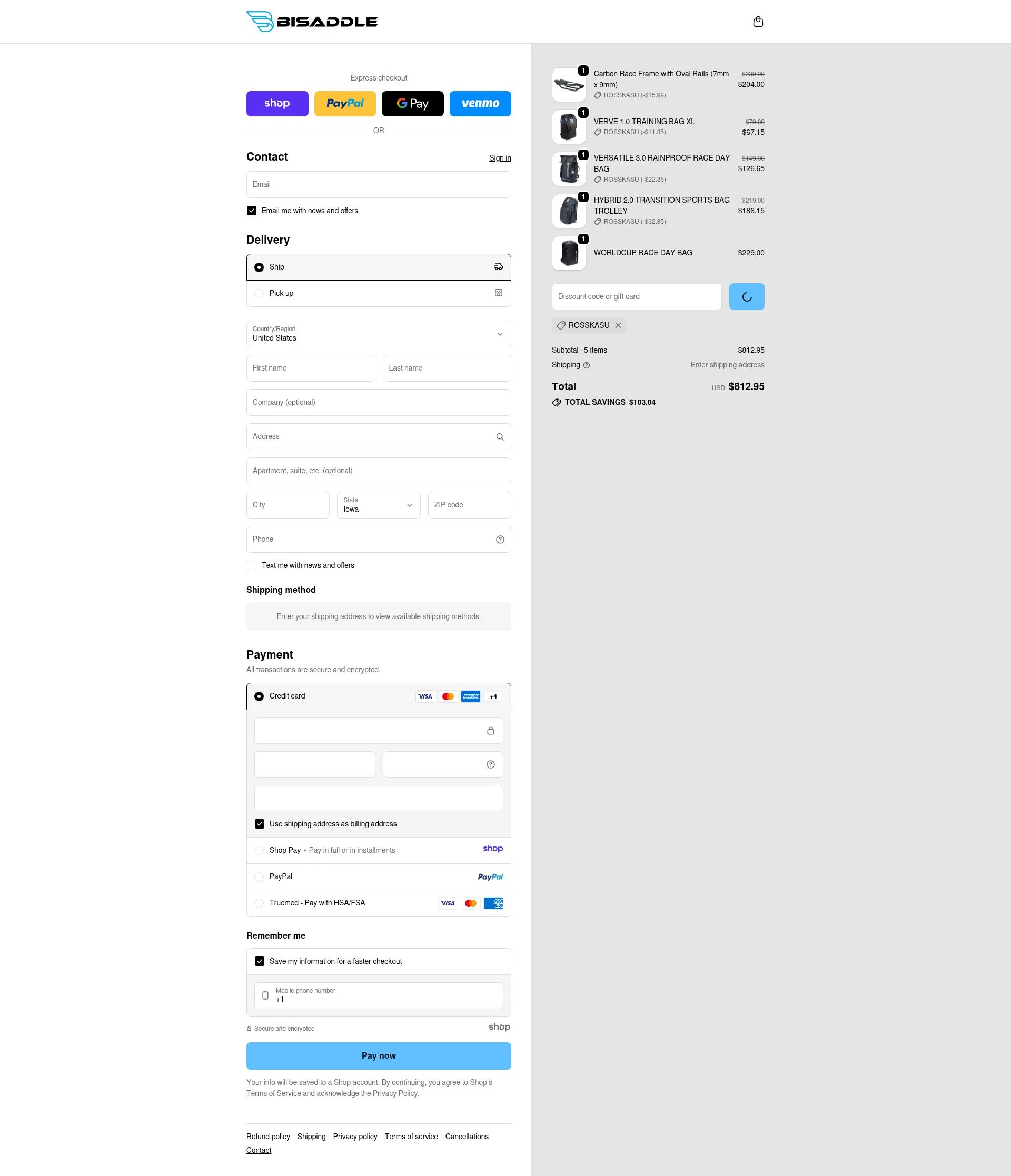 BiSaddle checkout page showing BiSaddle discount code box | Screenshot taken by SimplyCodes community member on Jan 3, 2026