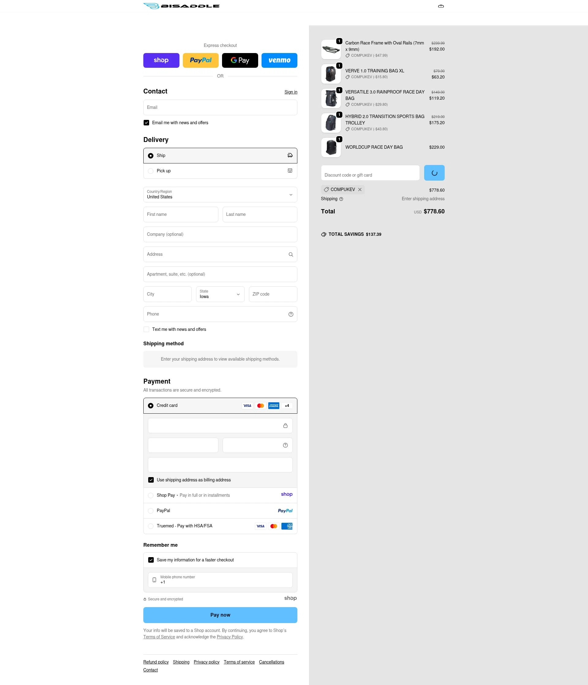BiSaddle checkout page showing BiSaddle discount code box | Screenshot taken by SimplyCodes community member on Jan 3, 2026