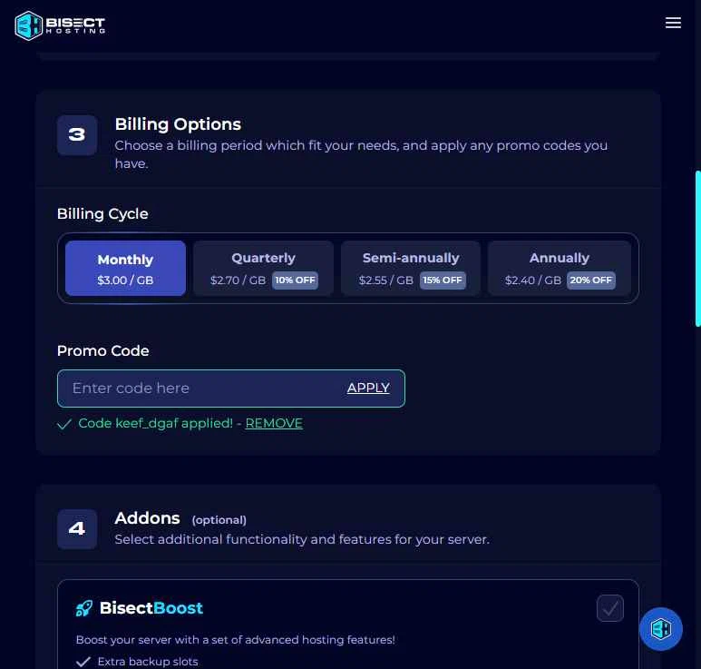 BisectHosting checkout page showing BisectHosting promo code box | Screenshot taken by SimplyCodes community member on Feb 1, 2026