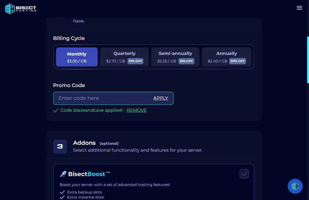 BisectHosting checkout page showing BisectHosting promo code box | Screenshot taken by SimplyCodes community member on Feb 7, 2026