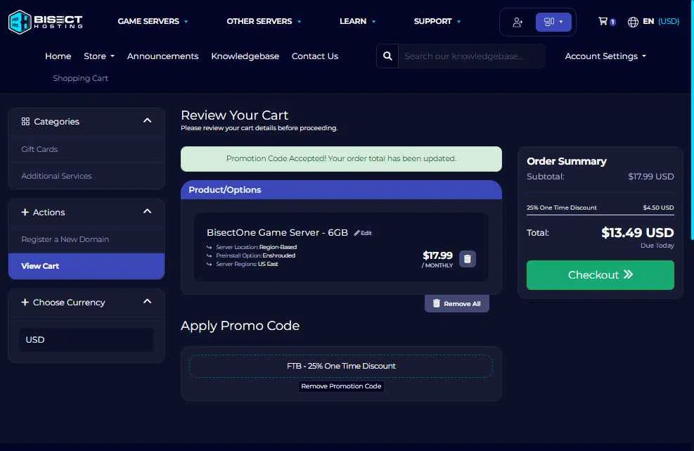 BisectHosting checkout page showing BisectHosting promo code box | Screenshot taken by SimplyCodes community member on Feb 1, 2026