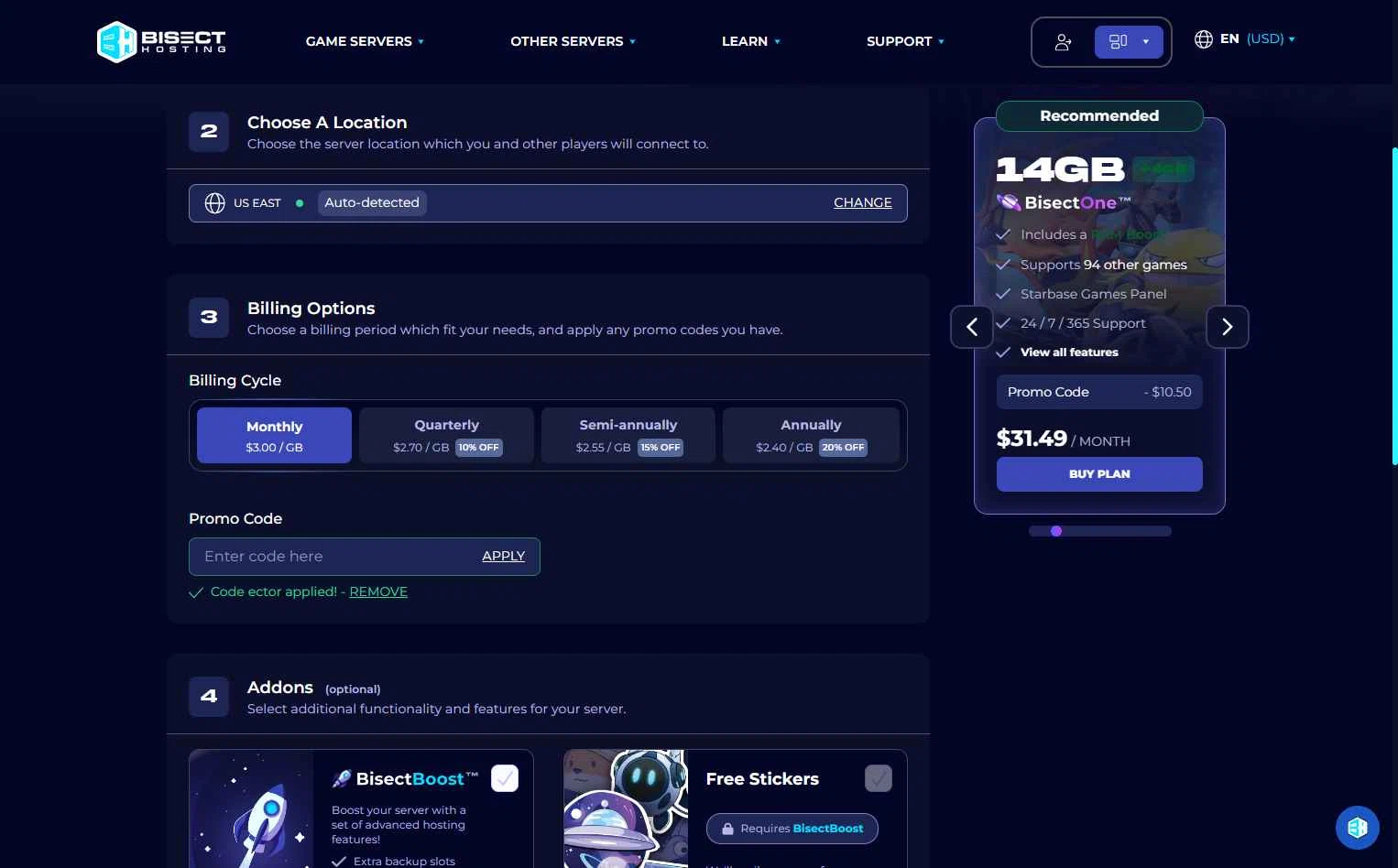 BisectHosting checkout page showing BisectHosting promo code box | Screenshot taken by SimplyCodes community member on Feb 7, 2026