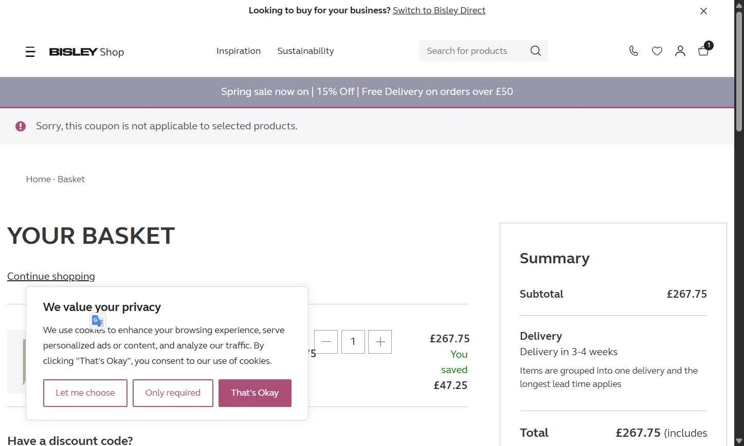 Bisley checkout page showing Bisley coupon code box | Screenshot taken by SimplyCodes community member on Apr 27, 2025