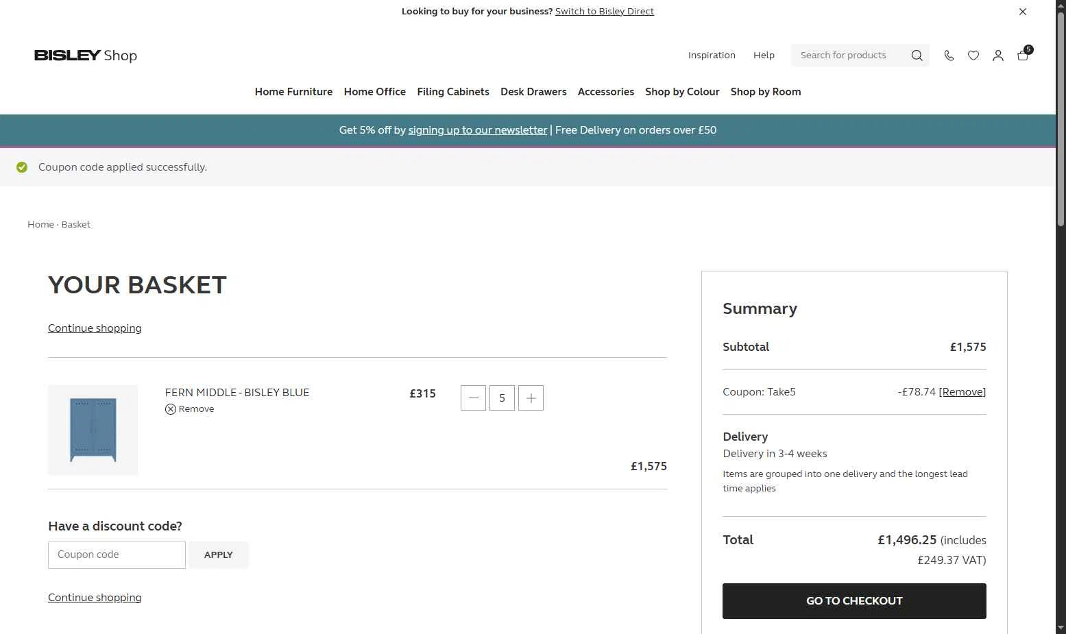 Bisley checkout page showing Bisley coupon code box | Screenshot taken by SimplyCodes community member on Oct 6, 2025