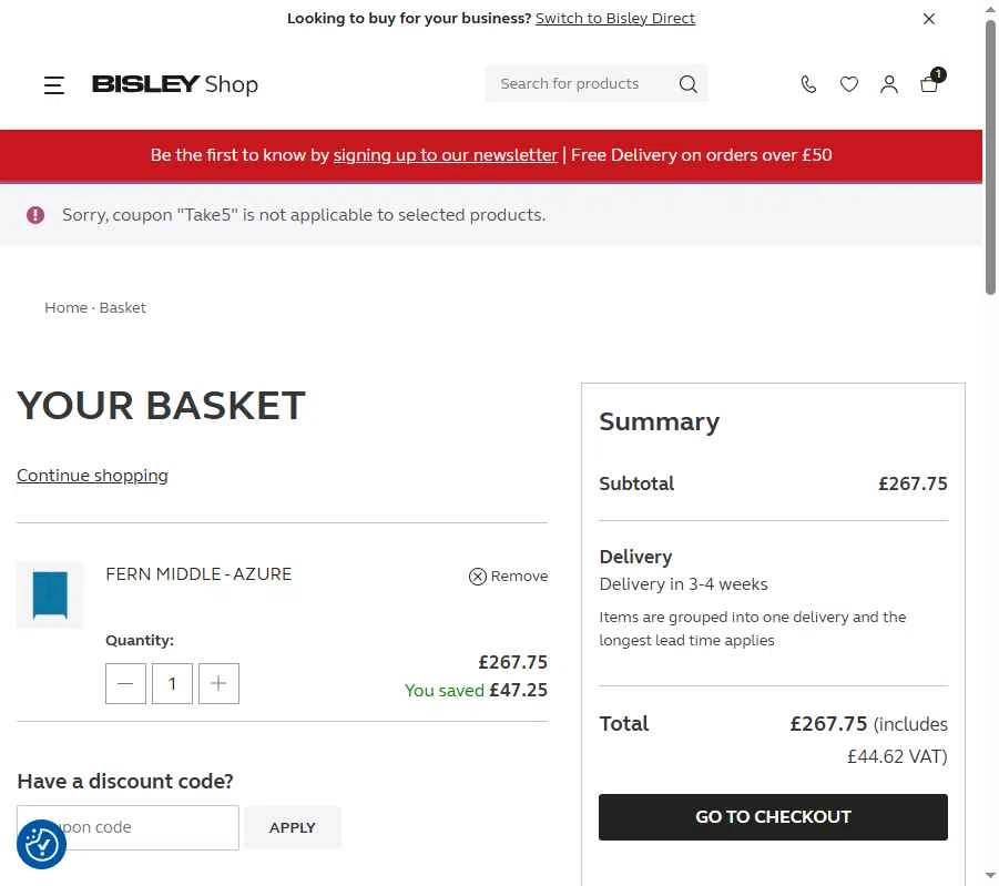 Bisley checkout page showing Bisley coupon code box | Screenshot taken by SimplyCodes community member on Aug 25, 2025