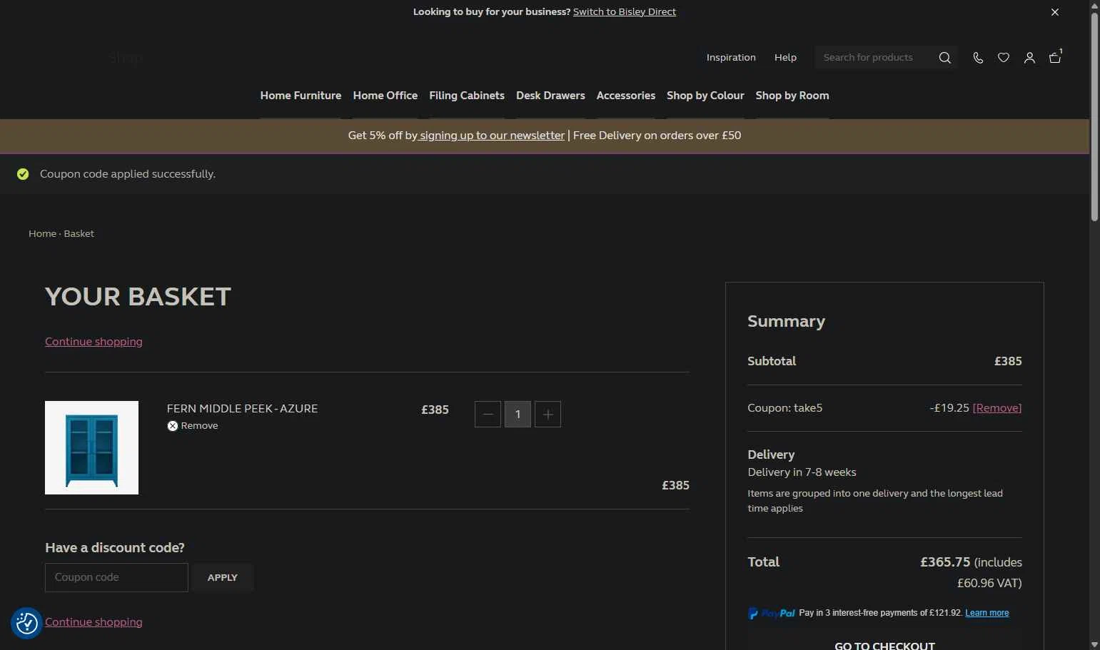 Bisley checkout page showing Bisley coupon code box | Screenshot taken by SimplyCodes community member on Jan 28, 2026