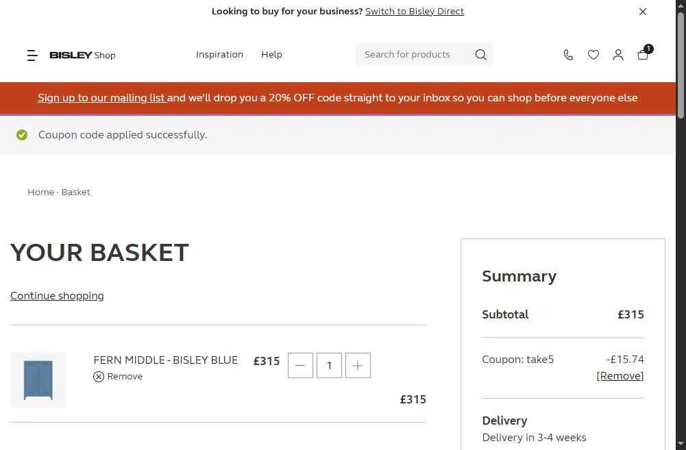 Bisley checkout page showing Bisley coupon code box | Screenshot taken by SimplyCodes community member on Nov 10, 2025