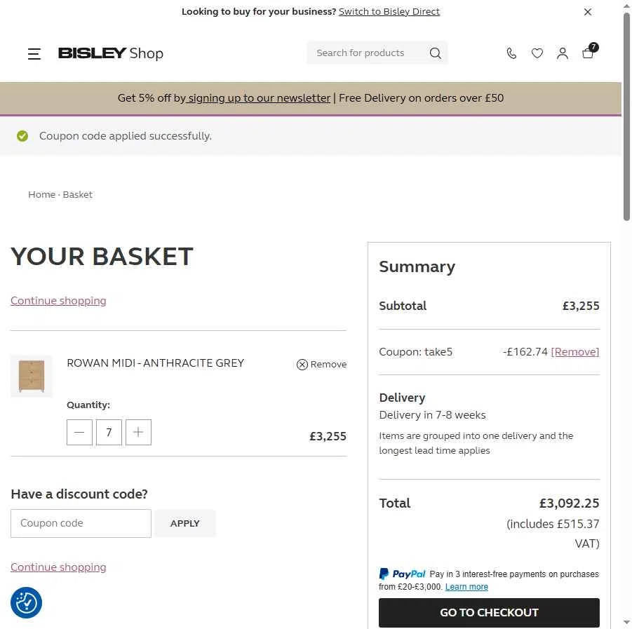 Bisley checkout page showing Bisley coupon code box | Screenshot taken by SimplyCodes community member on Jan 12, 2026